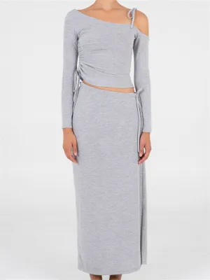 -Fall Outfits  2pcs Casual Women Outfits Long Sleeve Off Shoulder Lace-up T-shirts Crop Tops High Waist Long Skirts Streetwear