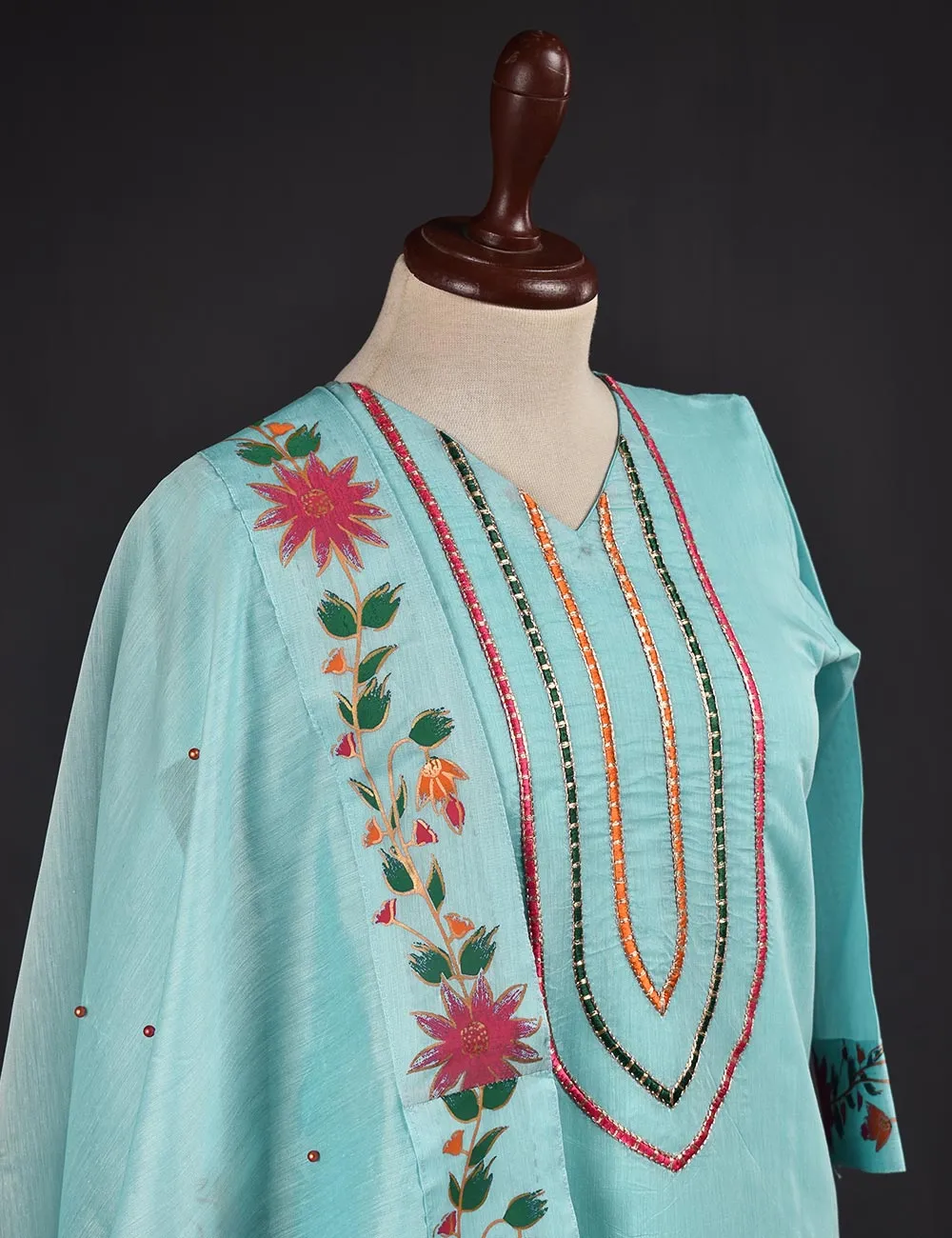3 Pc Stitched Paper Cotton Chikankari Embroidered Dress with Beautiful Printed Borders - Charismatic Vibes (RTW-8-SkyBlue)