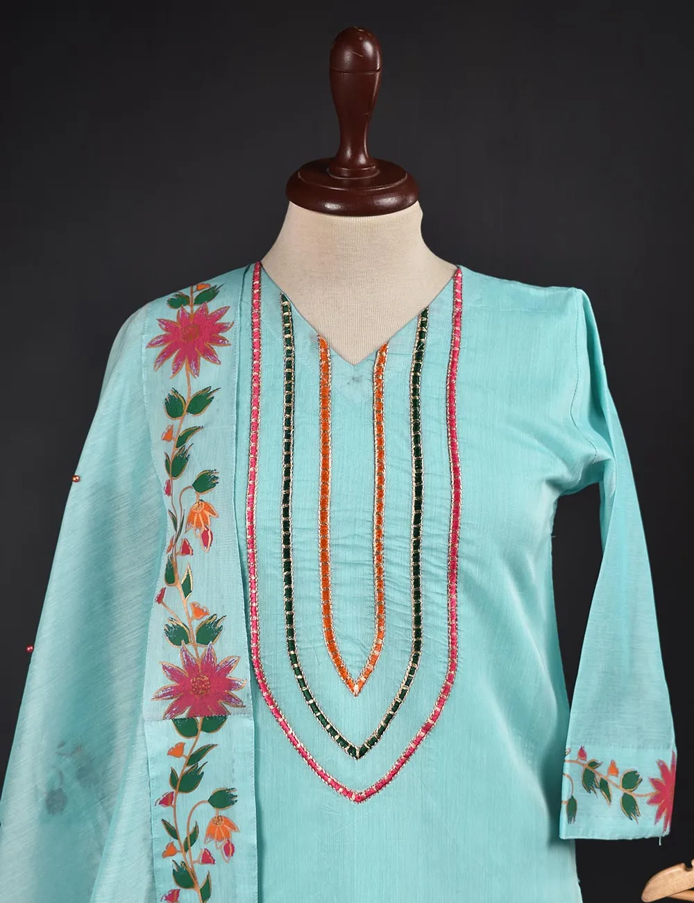 3 Pc Stitched Paper Cotton Chikankari Embroidered Dress with Beautiful Printed Borders - Charismatic Vibes (RTW-8-SkyBlue)