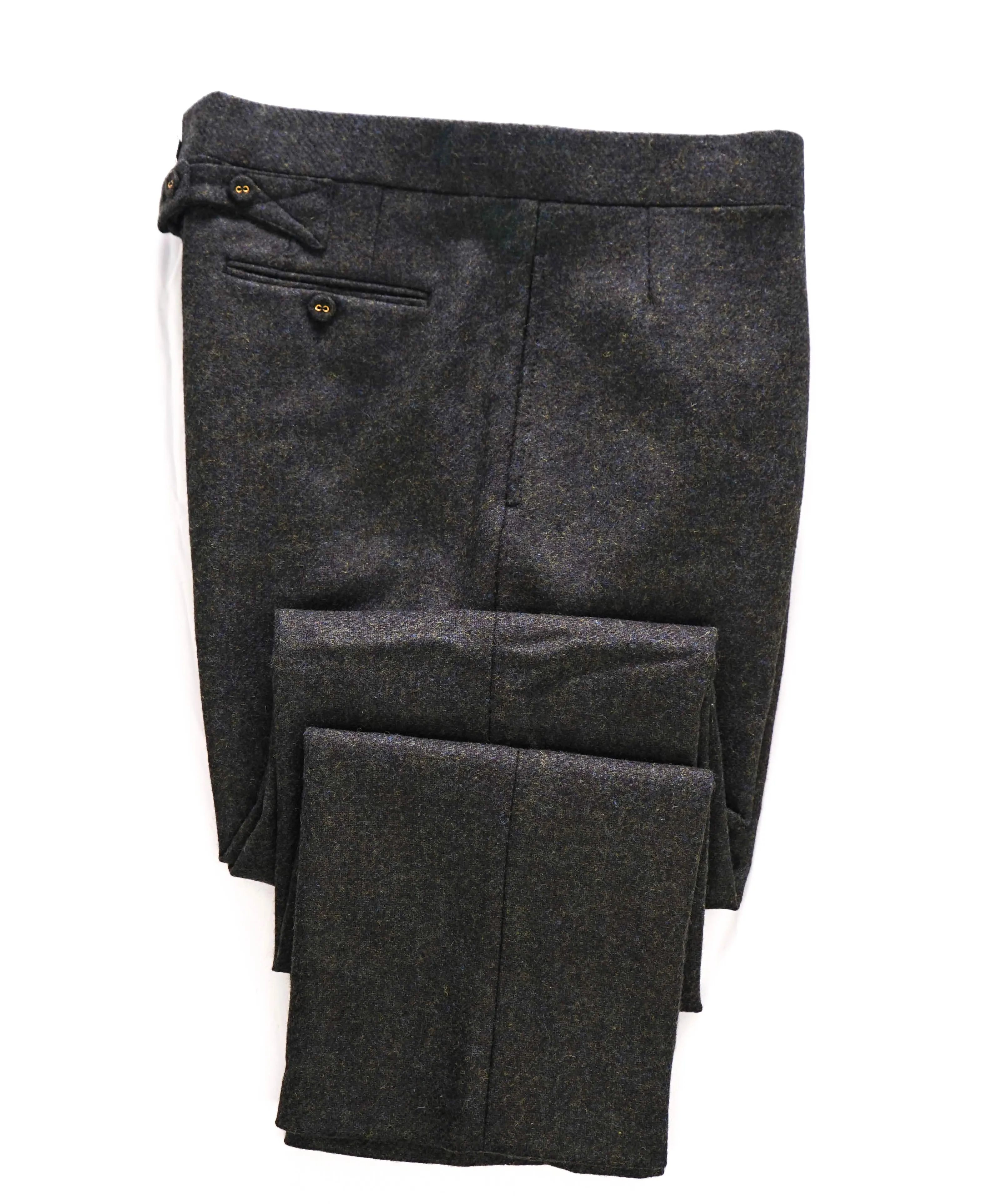 $3,200 THOM BROWNE - Hunter Green Flannel Dress Pants Side Tabs- (SZ 2) 33W