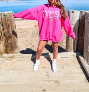 4th of July USA Retro Hot Pink Sweatshirt