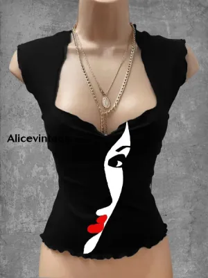 Abstract Human Face Art Print V-Neck Casual Top