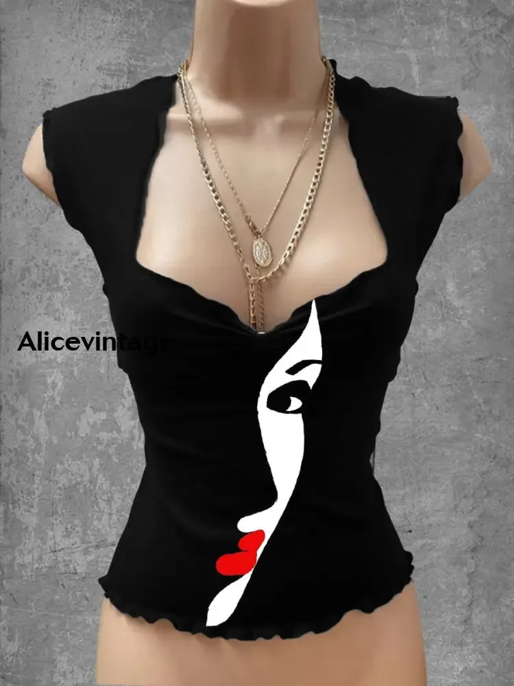 Abstract Human Face Art Print V-Neck Casual Top