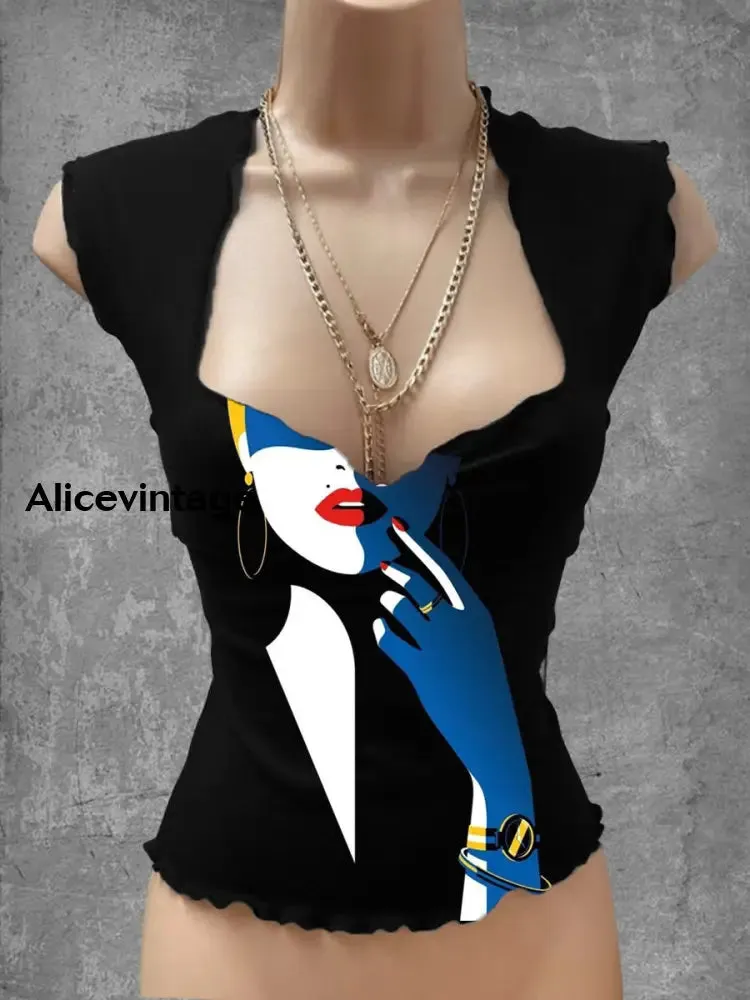 Abstract Human Face Art Print V-Neck Casual Top