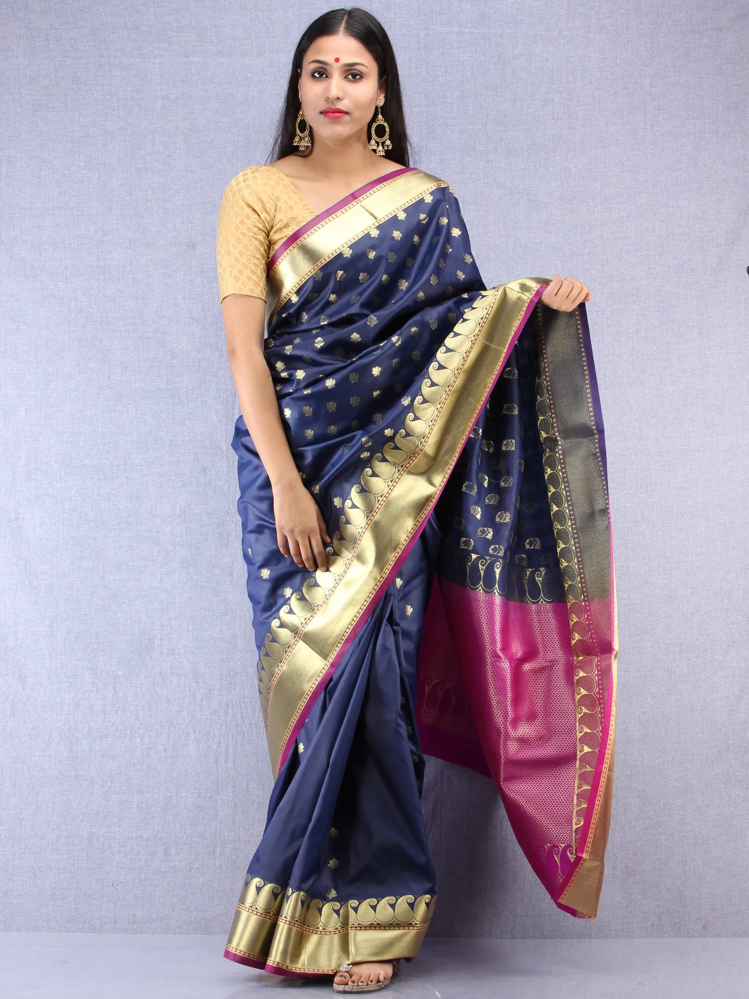 Banarasee Art Silk Saree With Zari Work  - Navy Blue Magenta & Gold - S031704416