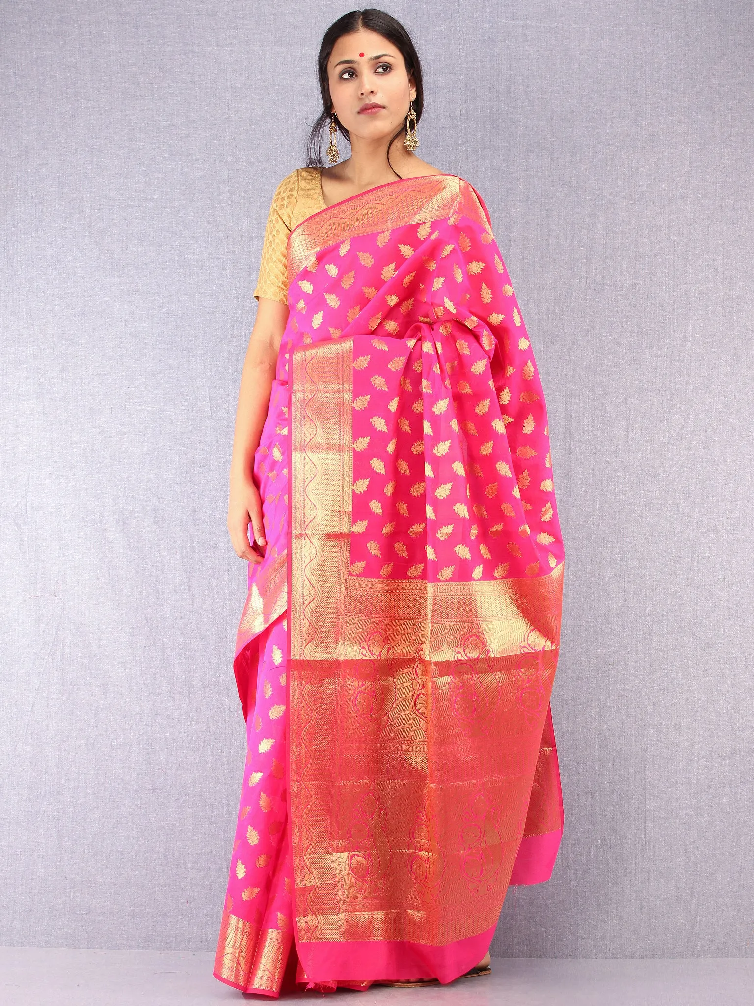 Banarasee Semi Silk Saree With Zari Work - Hot Pink & Gold - S031704370