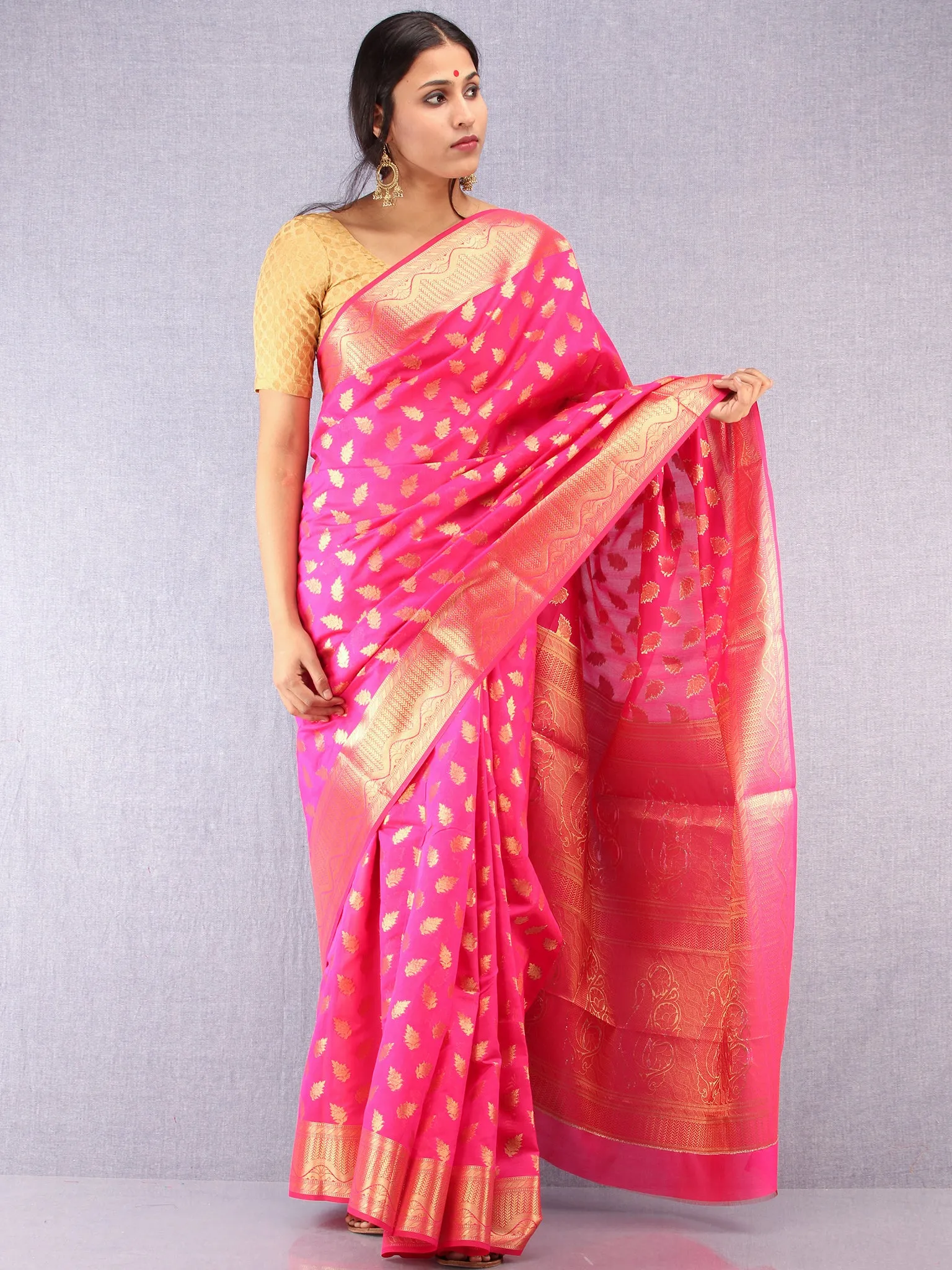 Banarasee Semi Silk Saree With Zari Work - Hot Pink & Gold - S031704370
