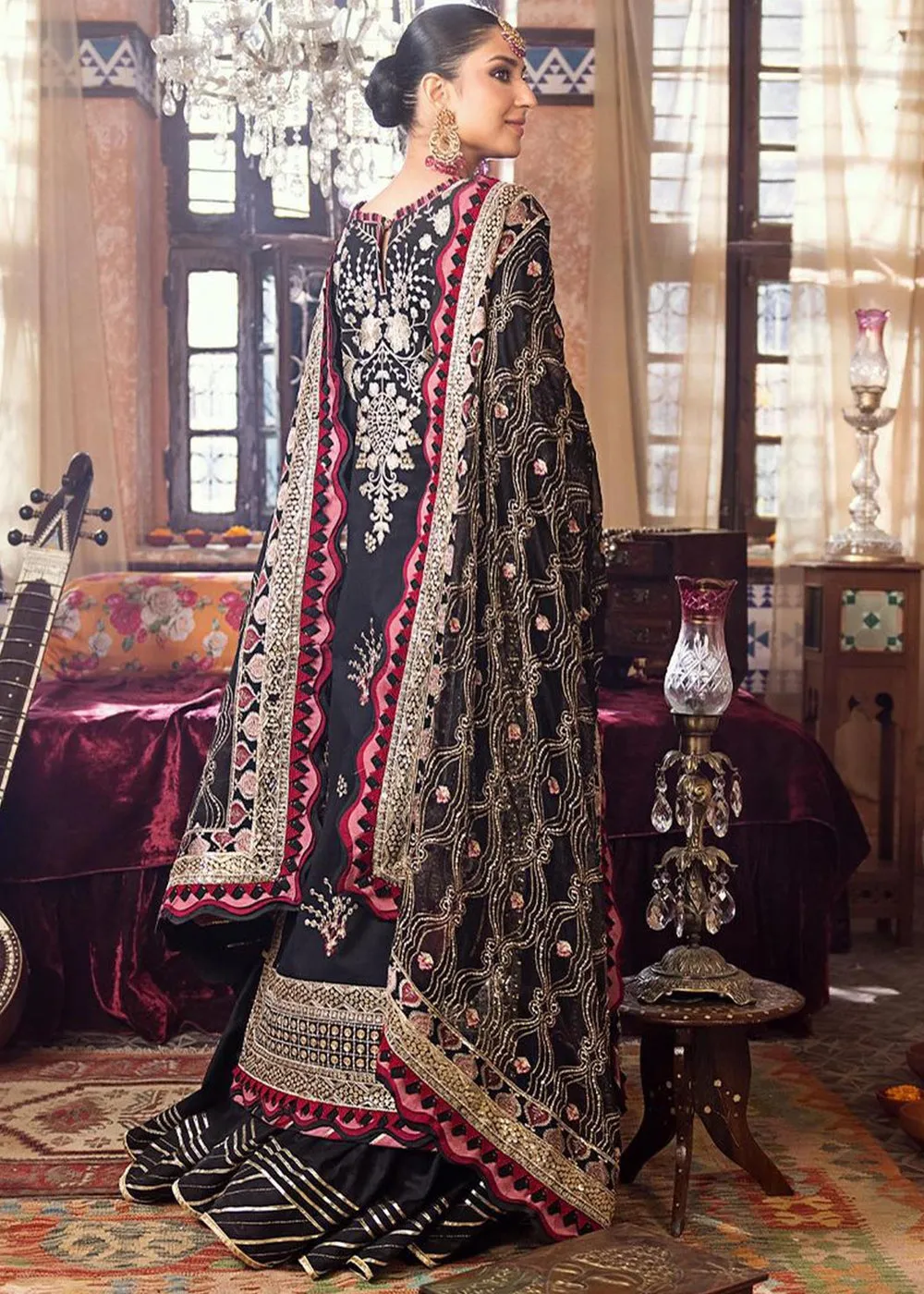 Black Long Kameez Sharara for Pakistani Party Wear