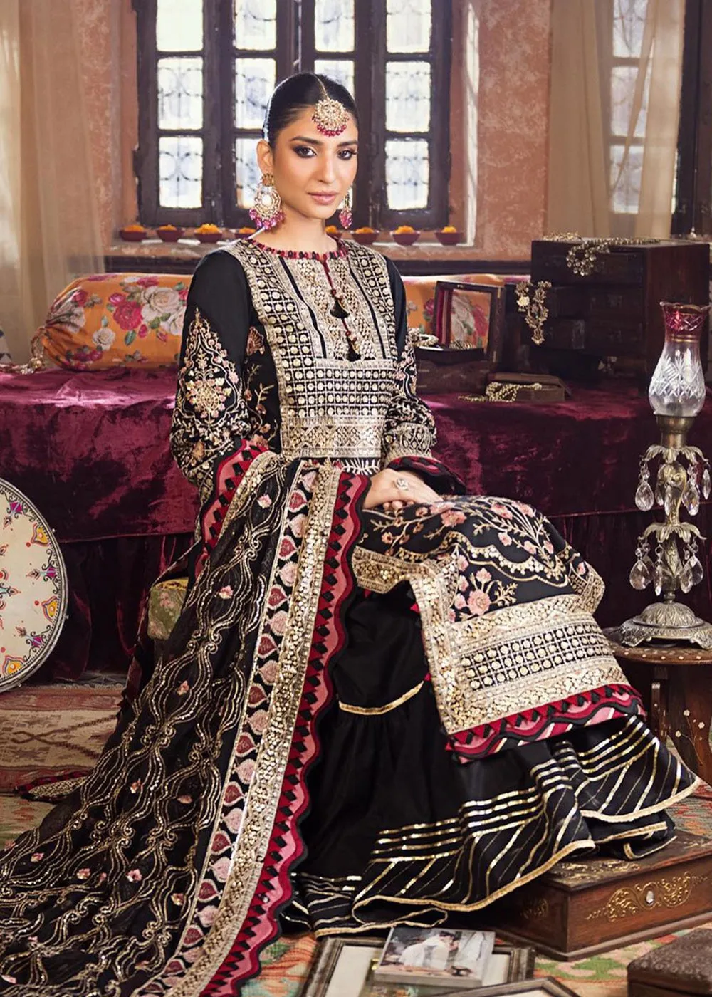 Black Long Kameez Sharara for Pakistani Party Wear