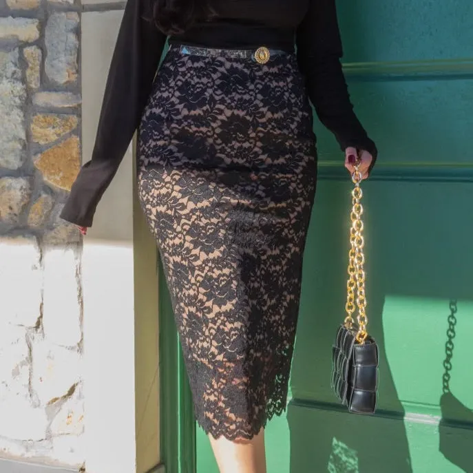 Bombshell in Lace Black Midi Skirt