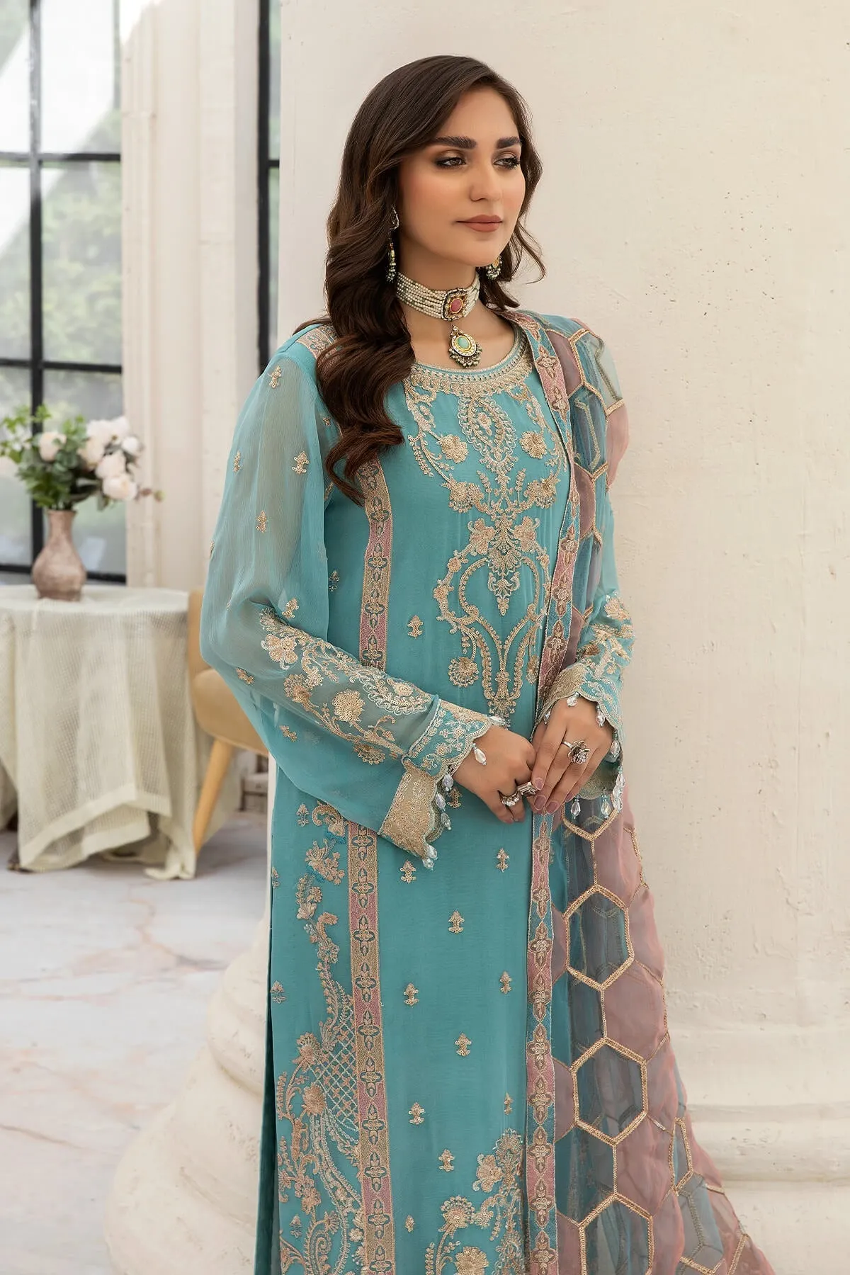Chiffon Blue Kameez Trouser Pakistani Wedding Dress