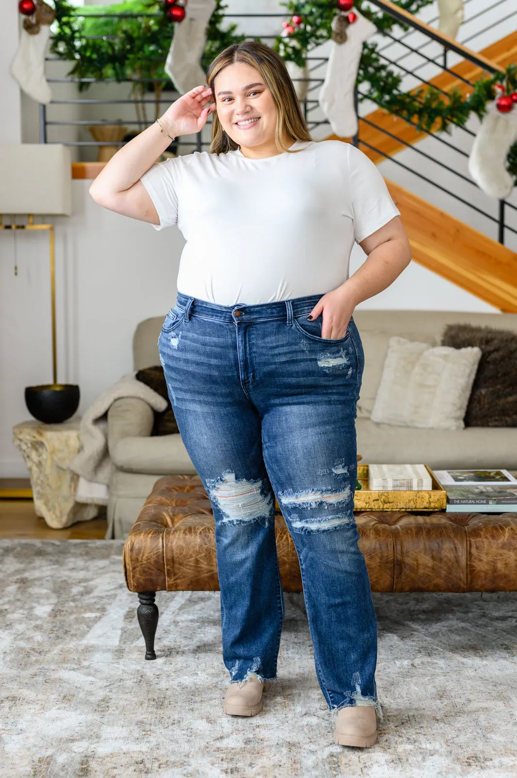 Christine High Contrast Slim Bootcut Destroyed Jeans by Judy Blue