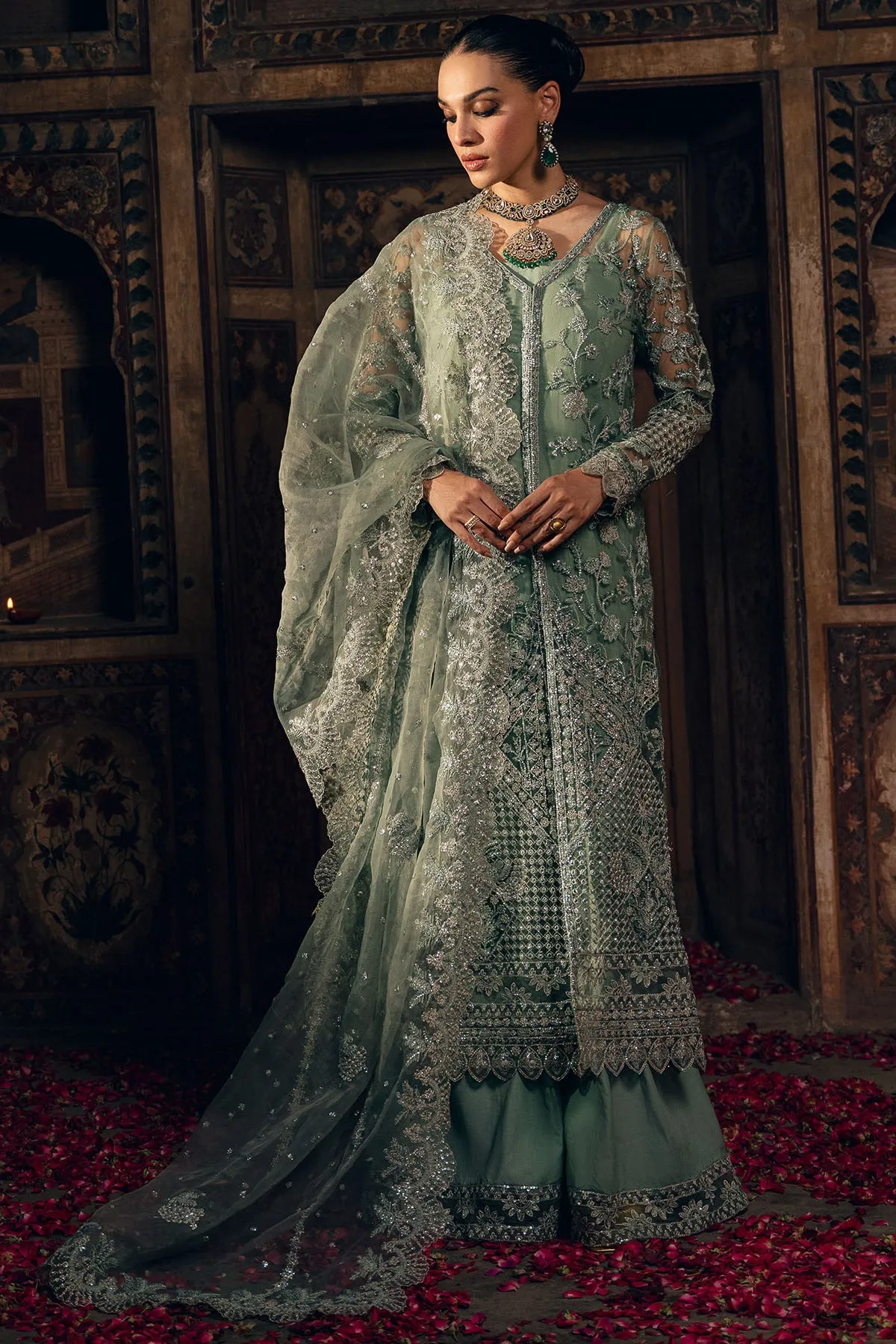 Classic Aqua Green Heavily Embroidered Silk Net Pakistani Wedding Wear