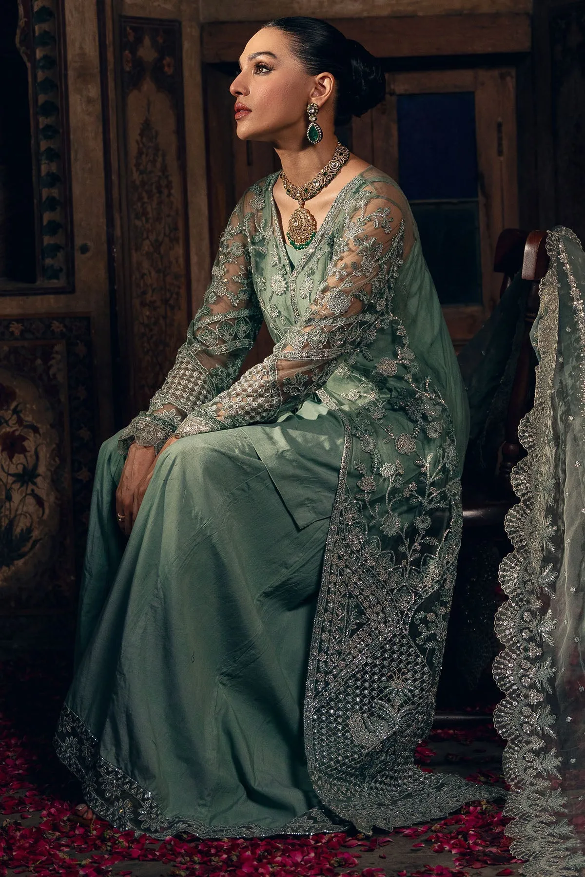Classic Aqua Green Heavily Embroidered Silk Net Pakistani Wedding Wear