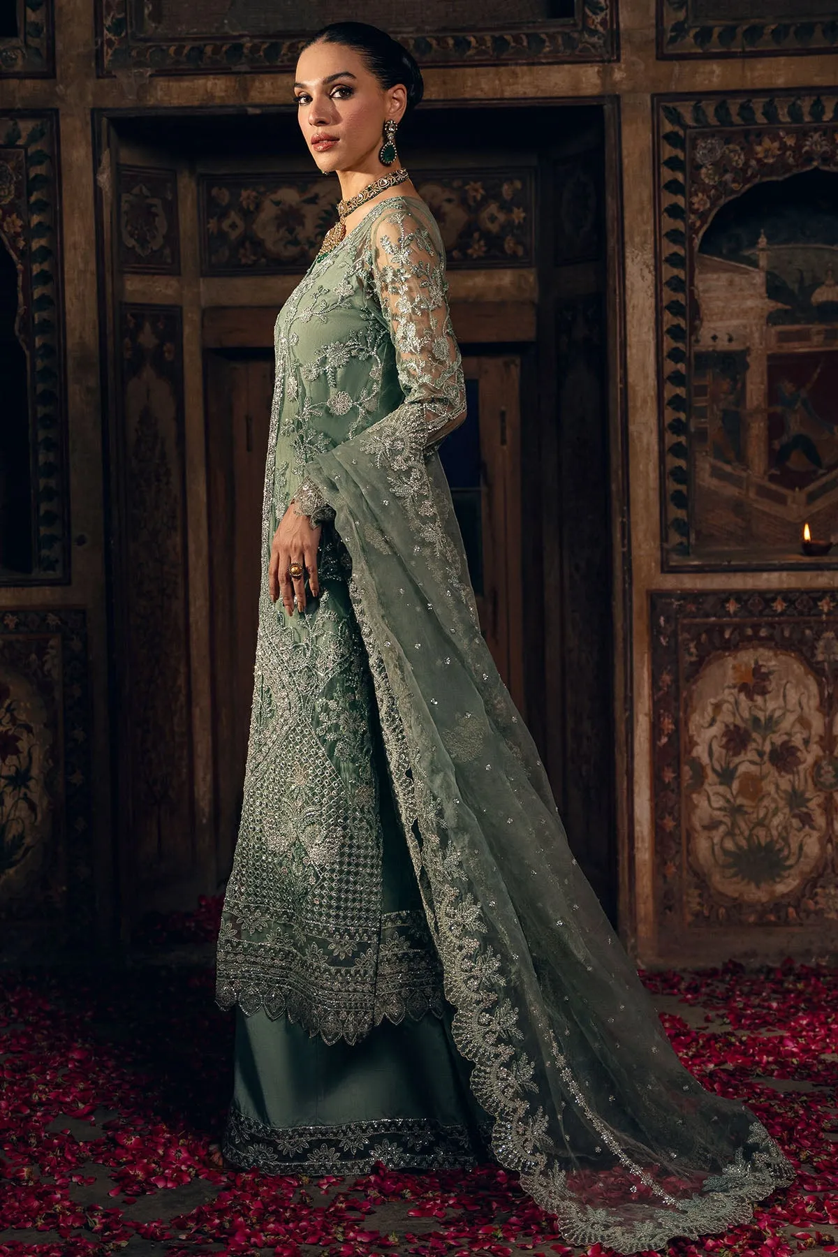 Classic Aqua Green Heavily Embroidered Silk Net Pakistani Wedding Wear