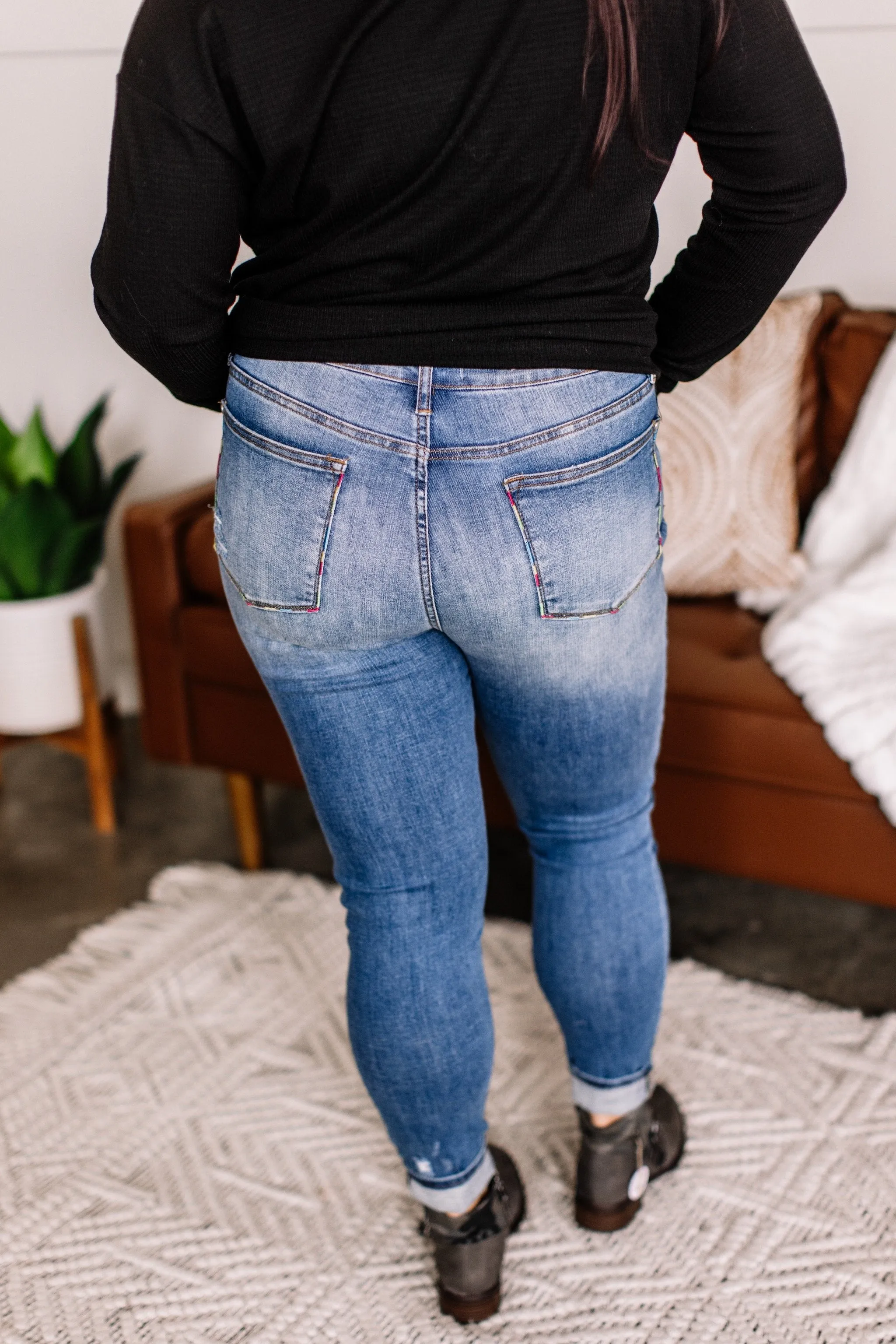 Colors Of The World Embroidered Pocket Skinny Judy Blue Jeans