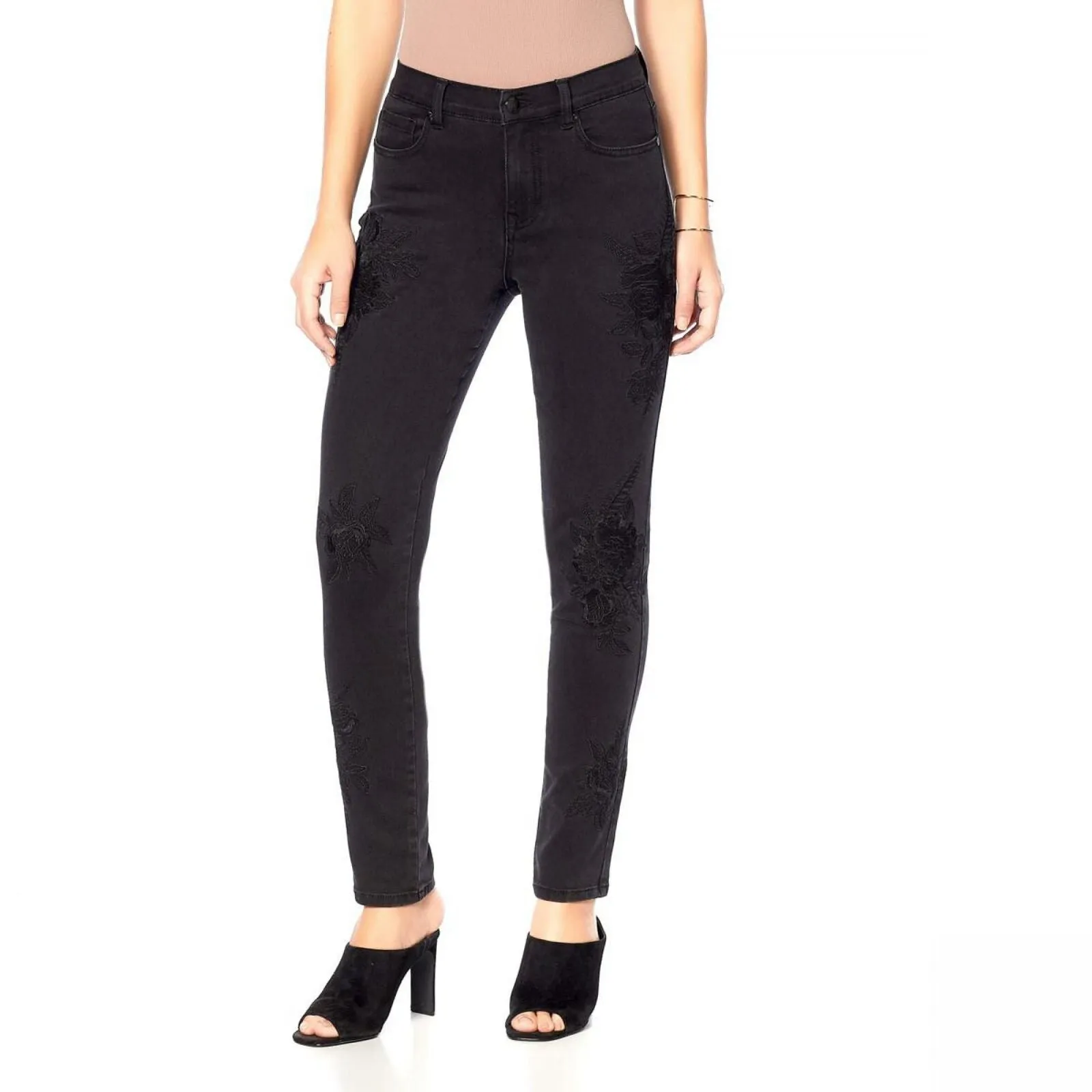 DG2 by Diane Gilman Women's Petite Stretch Tonal Floral Jeans Black 6P