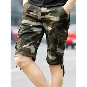 Drawstring Hem Pockets Camo Cargo Shorts - Army Green 34