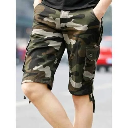 Drawstring Hem Pockets Camo Cargo Shorts - Army Green 34
