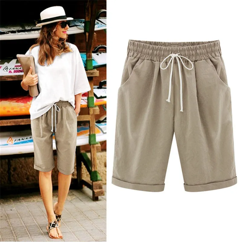 Elastic Waistband Lace Up Bermuda Beach Shorts for Women