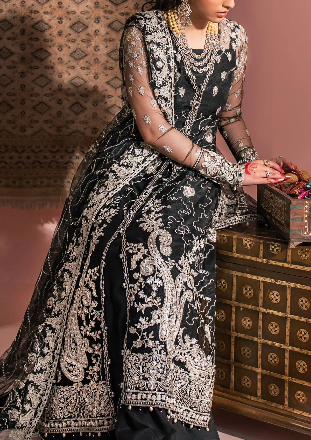 Embellished Pakistani Wedding Dress in Black Color