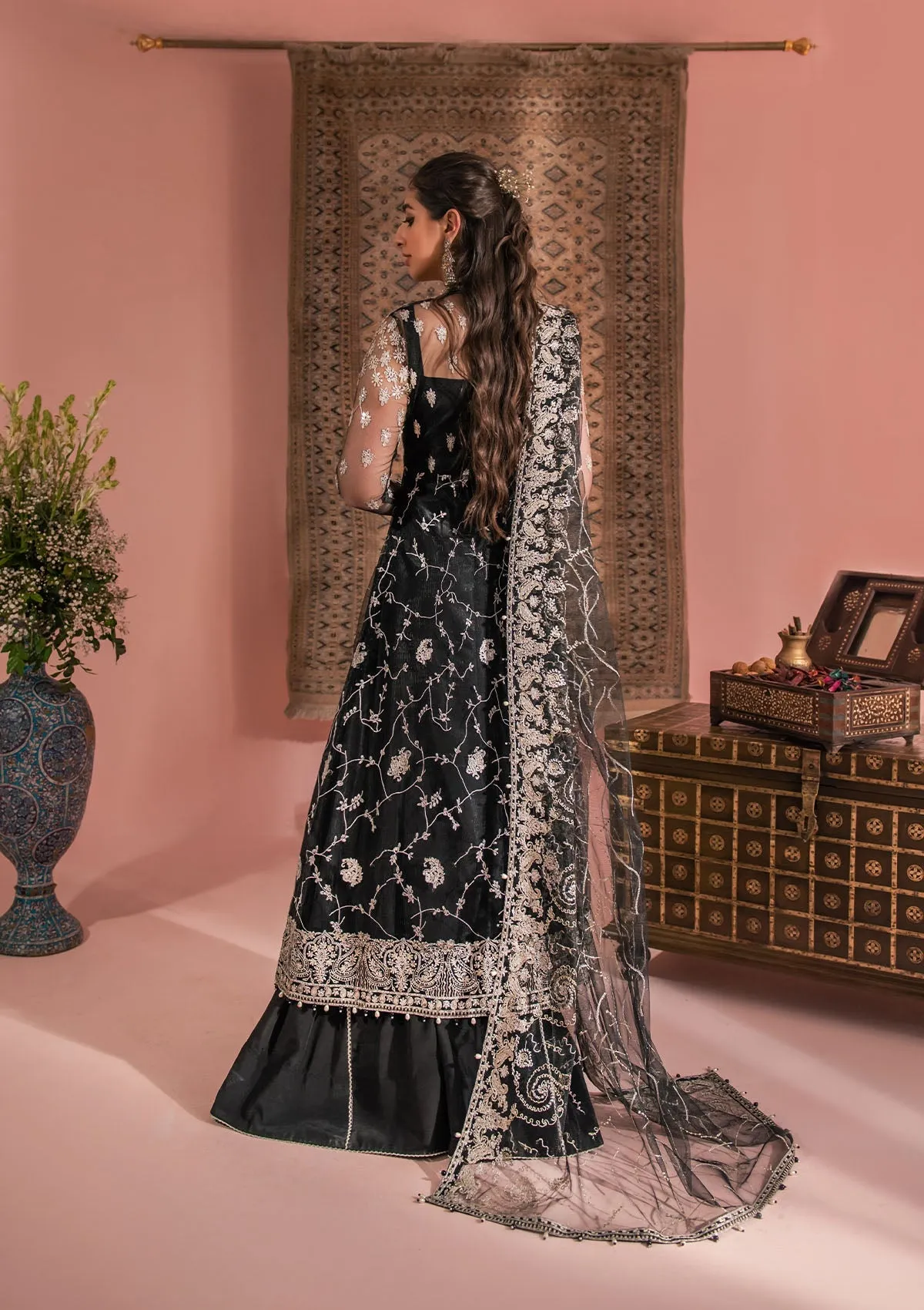 Embellished Pakistani Wedding Dress in Black Color