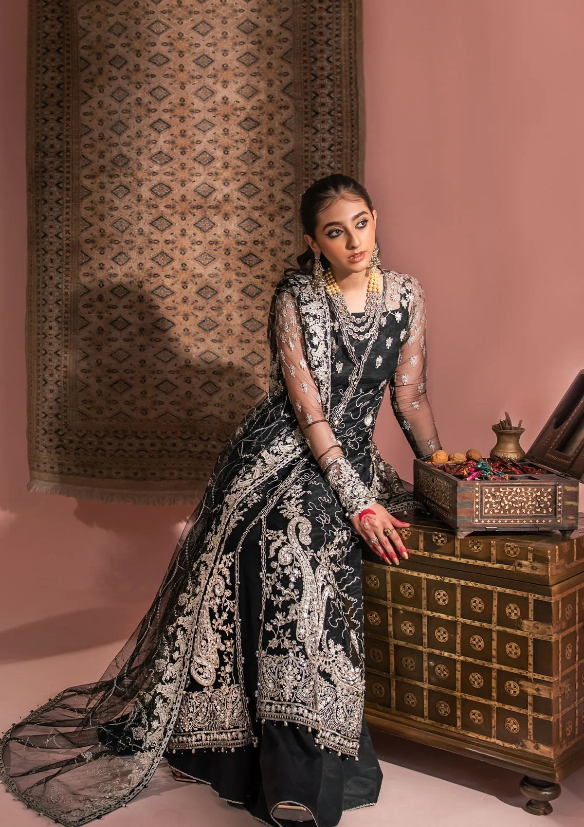 Embellished Pakistani Wedding Dress in Black Color