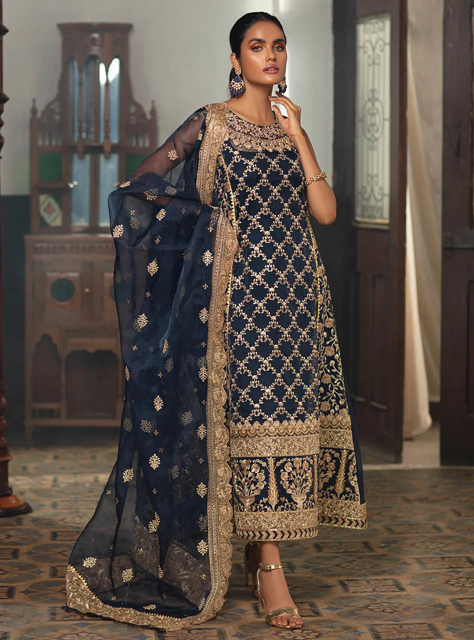 Embroidered Pakistani Suit In Navy Blue Color #PF235