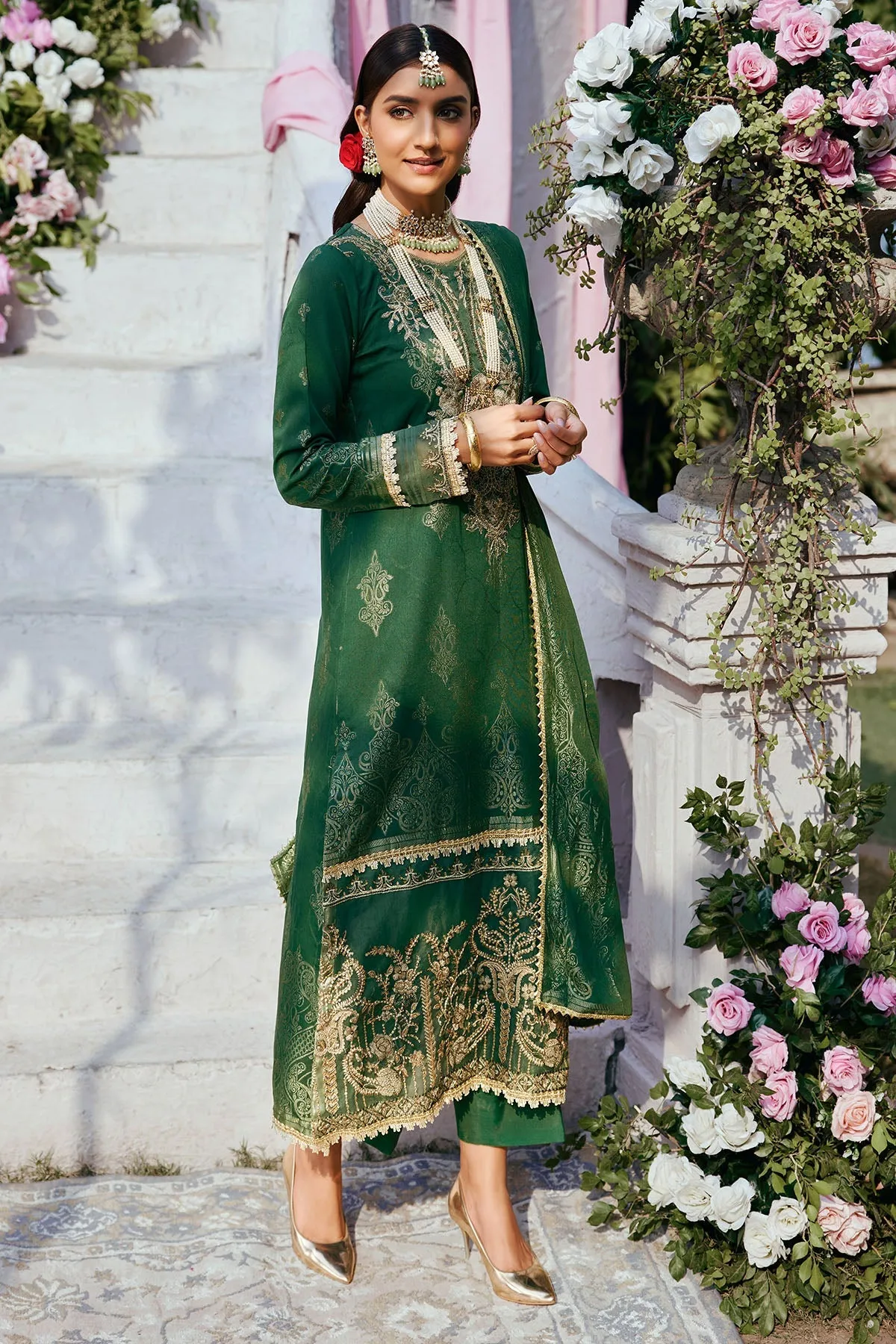 Forest Green Pakistani Eid Dress in Kameez and Trousers Style