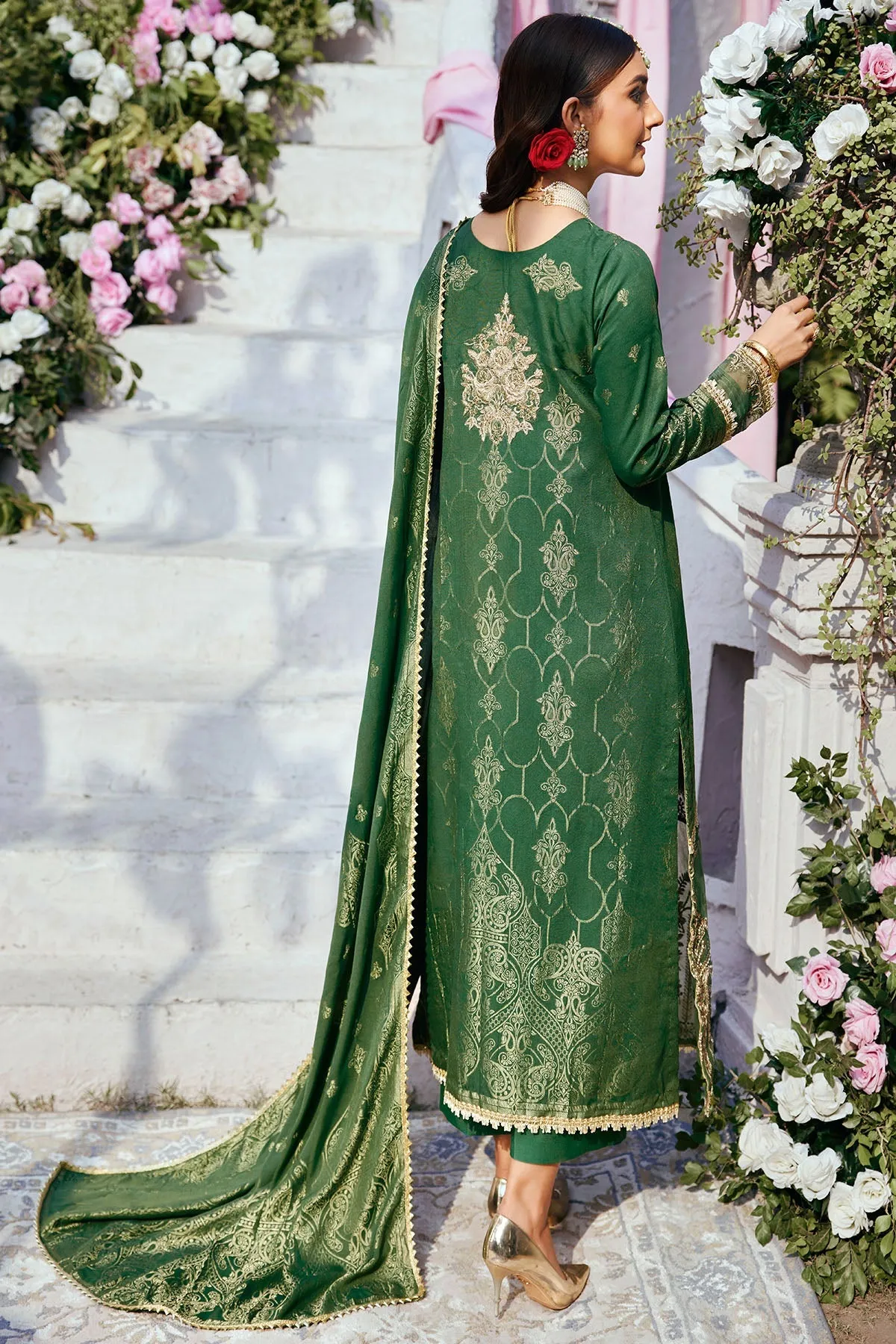 Forest Green Pakistani Eid Dress in Kameez and Trousers Style