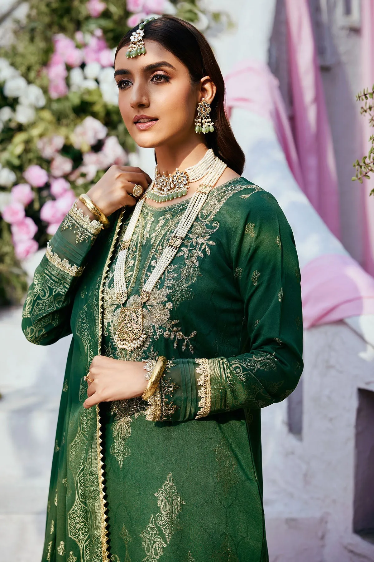 Forest Green Pakistani Eid Dress in Kameez and Trousers Style
