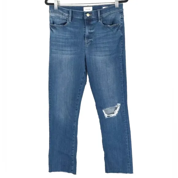 FRAME Le High Straight Raw Hem Distressed Stallion Rips Skinny Jeans Size 32