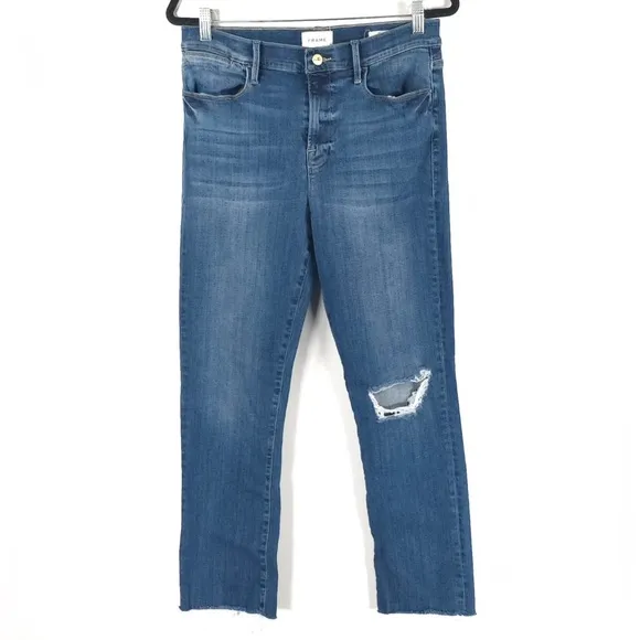 FRAME Le High Straight Raw Hem Distressed Stallion Rips Skinny Jeans Size 32