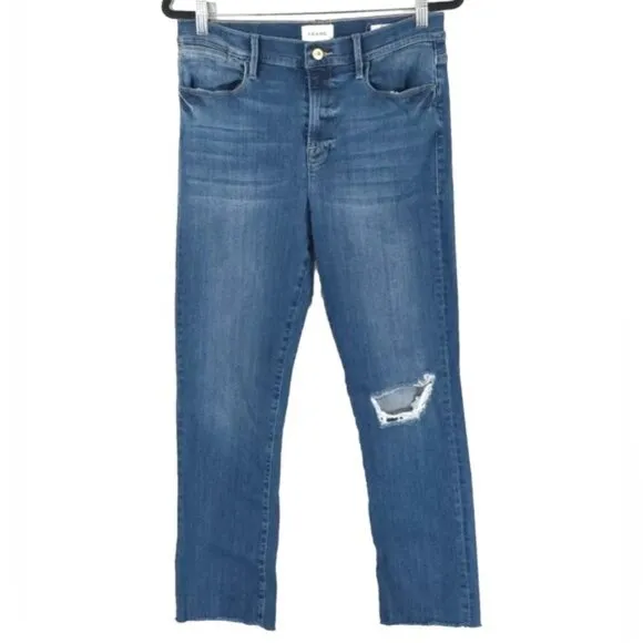 FRAME Le High Straight Raw Hem Distressed Stallion Rips Skinny Jeans Size 32