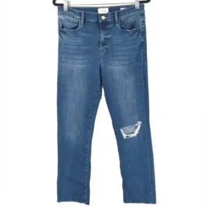 FRAME Le High Straight Raw Hem Distressed Stallion Rips Skinny Jeans Size 32
