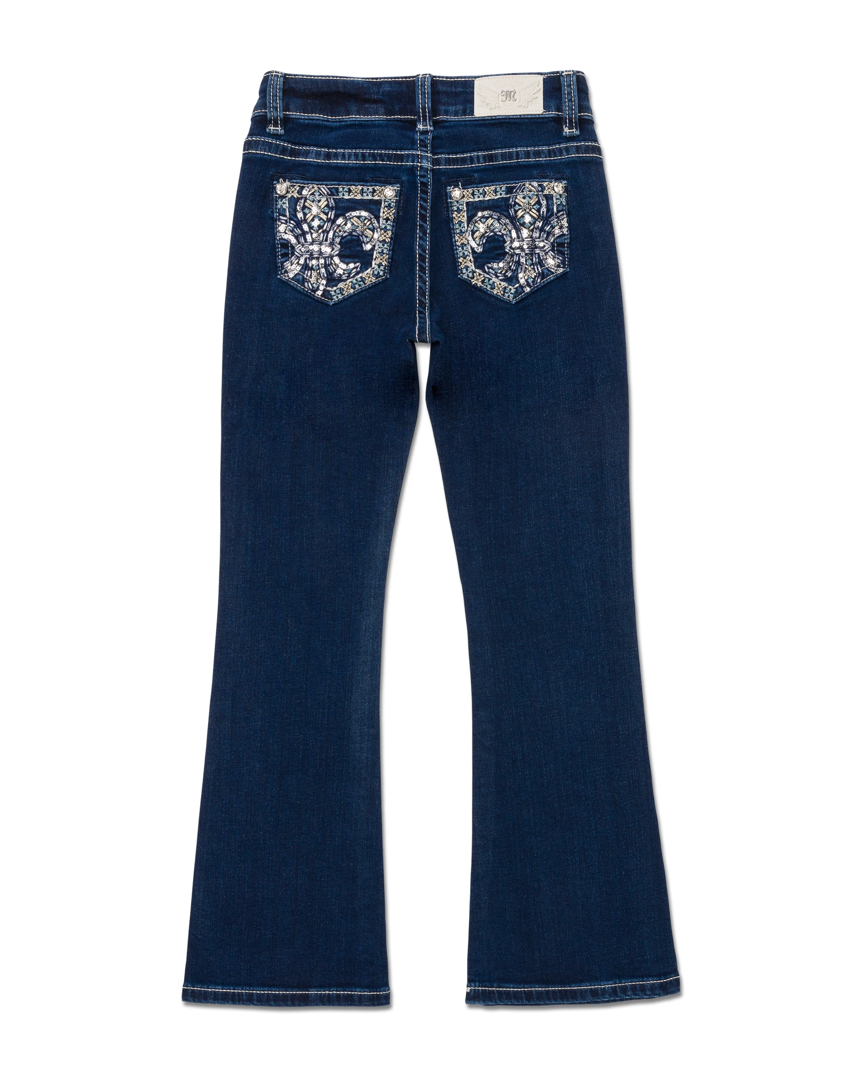 Girls Metallic Turquoise Fleur De Lis Bootcut Jeans