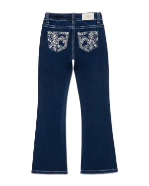 Girls Metallic Turquoise Fleur De Lis Bootcut Jeans