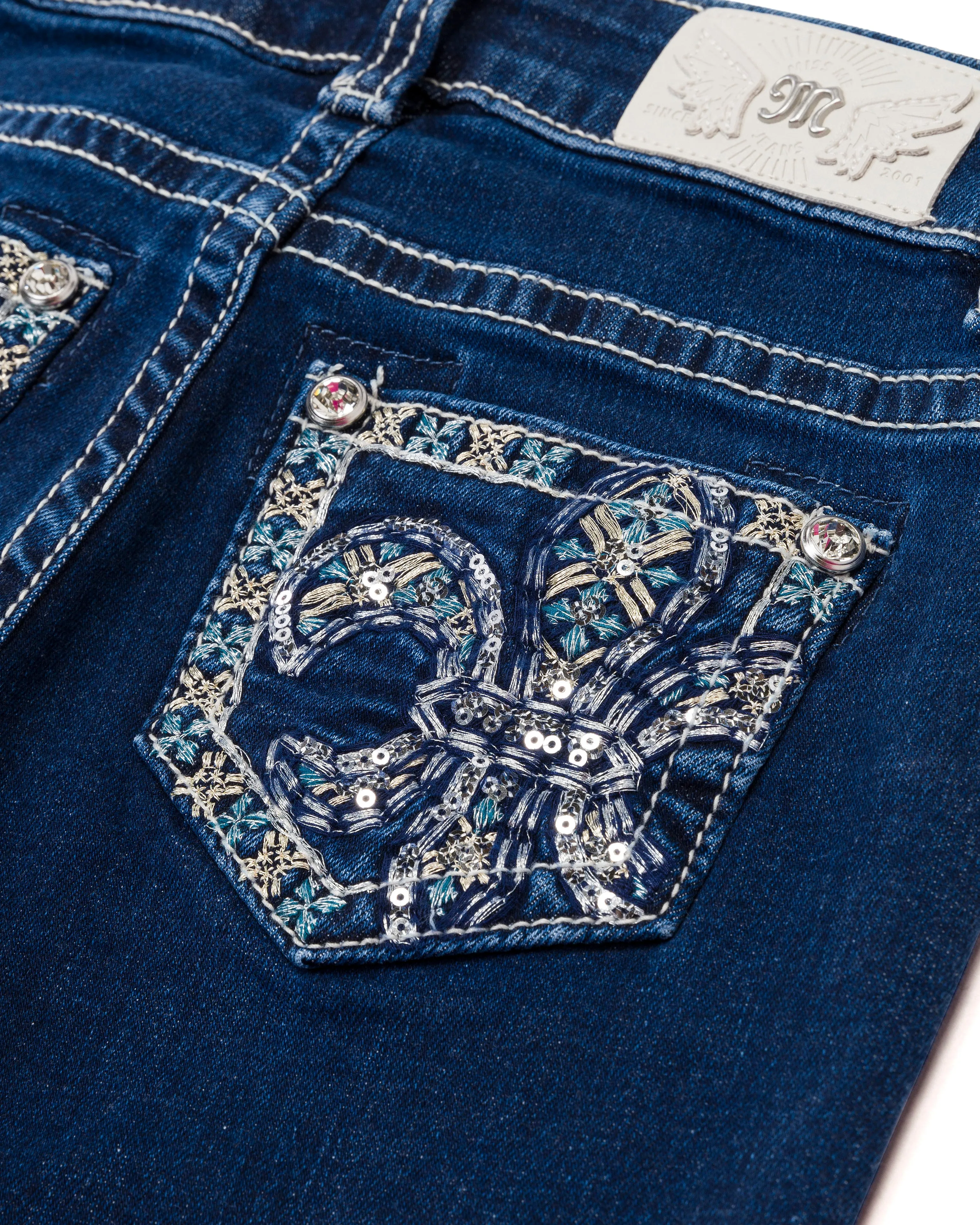 Girls Metallic Turquoise Fleur De Lis Bootcut Jeans