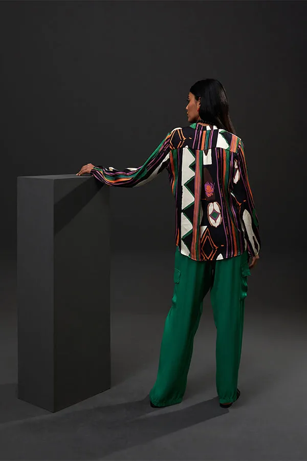 GRAPHIC PRINT LONG SLEEVES SATIN BLOUSE