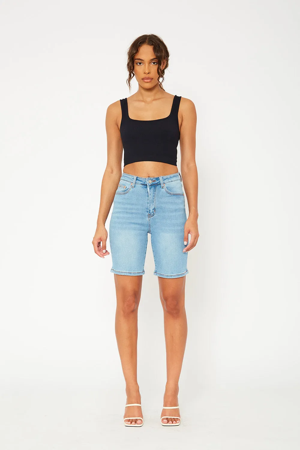 High-rise light blue denim bermuda shorts