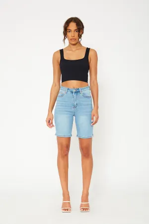 High-rise light blue denim bermuda shorts
