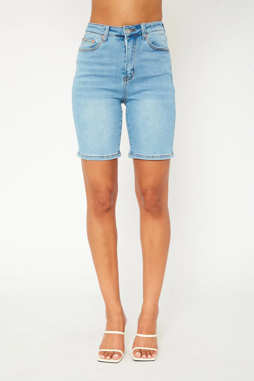 High-rise light blue denim bermuda shorts