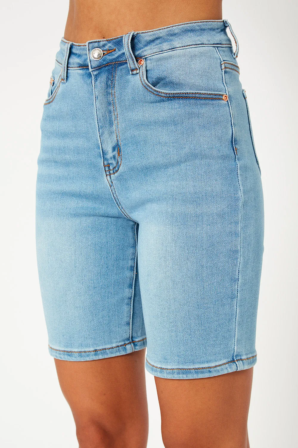 High-rise light blue denim bermuda shorts