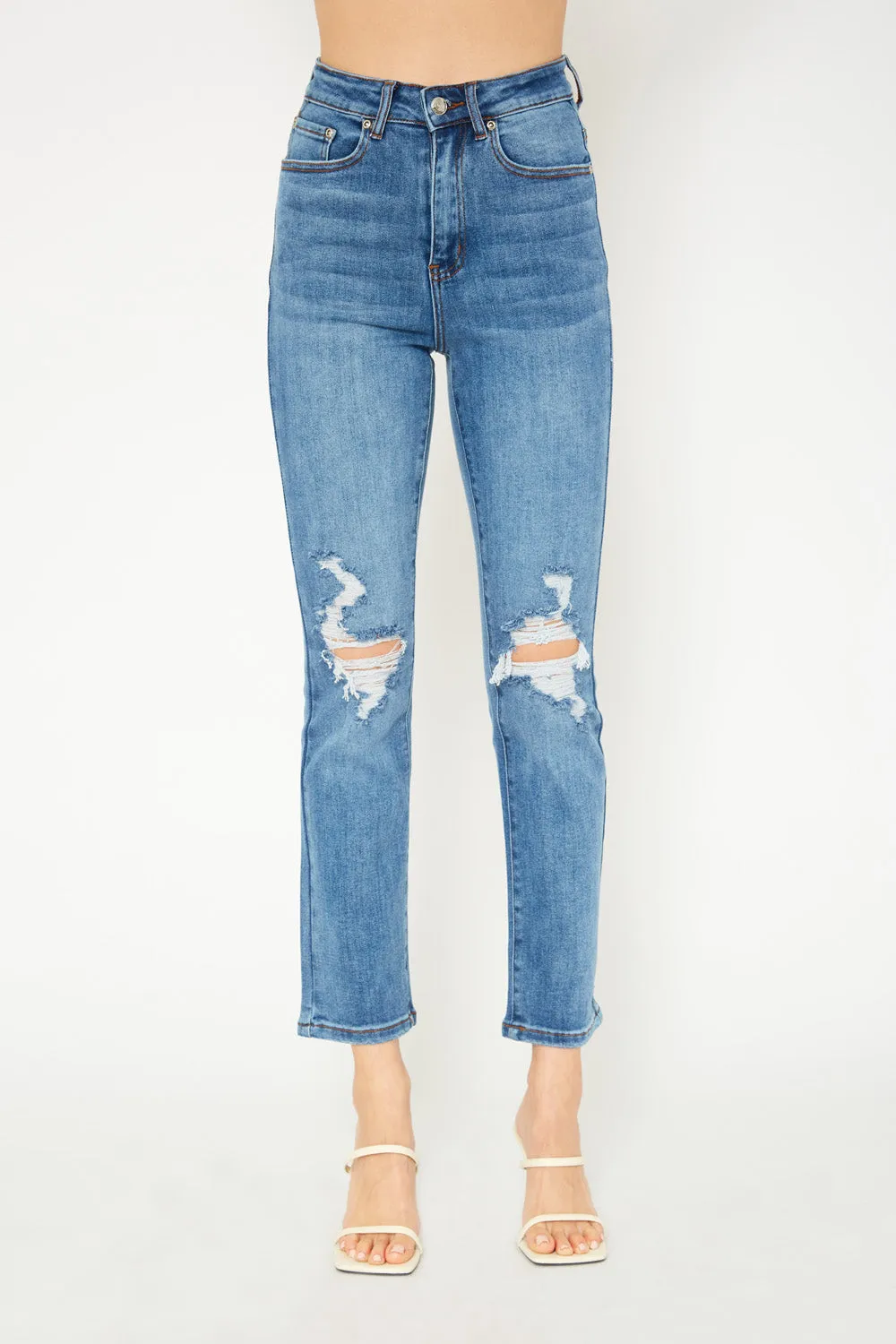 High-rise medium blue skinny jeans