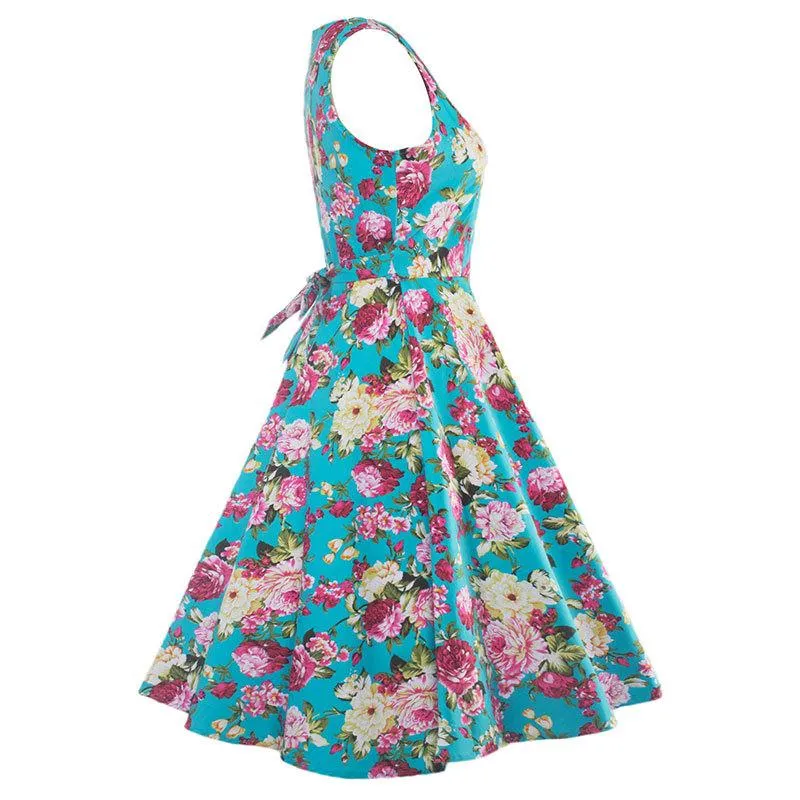 Homecoming 1950s Retro Sleeveless Flared A-Line Vintage Floral Dress