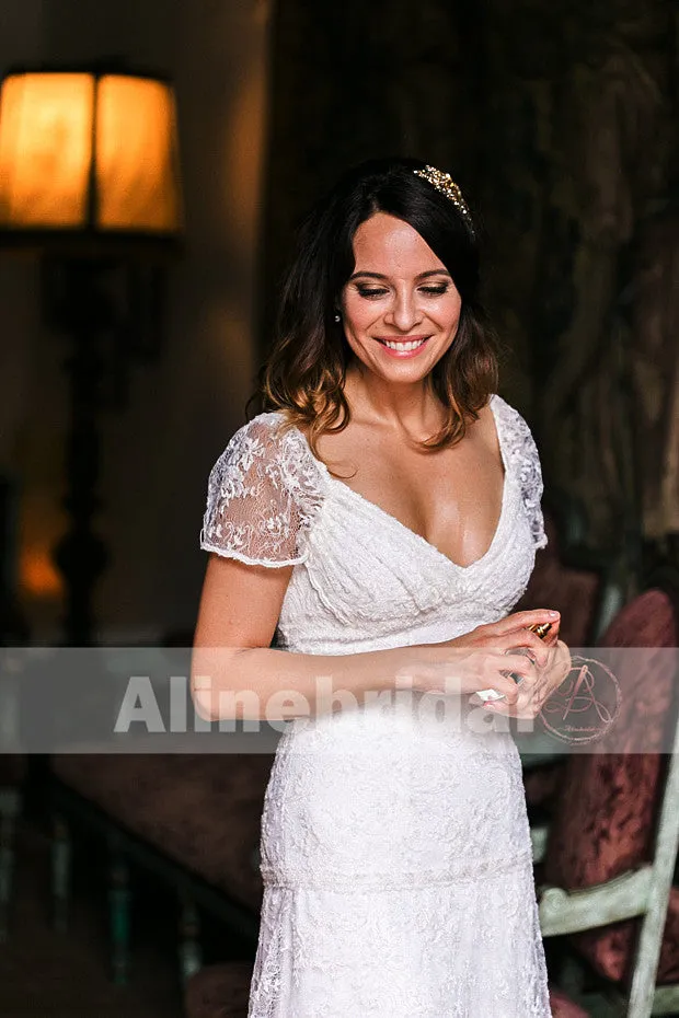 Ivory Lace Tiered Skirts Short Sleeve V-back Vintage Wedding Dresses, AB1132