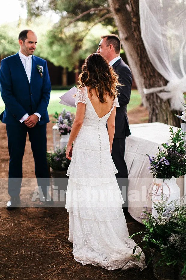 Ivory Lace Tiered Skirts Short Sleeve V-back Vintage Wedding Dresses, AB1132