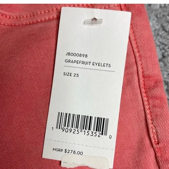 J Brand Womens Selena Grapefruit Eyelets Mid Rise Crop Boot Jeans Size 25 New