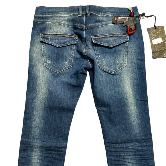 John Richmond Distressed Cropped Skinny Blue Washed Denim Jeans Sz 28 NWT