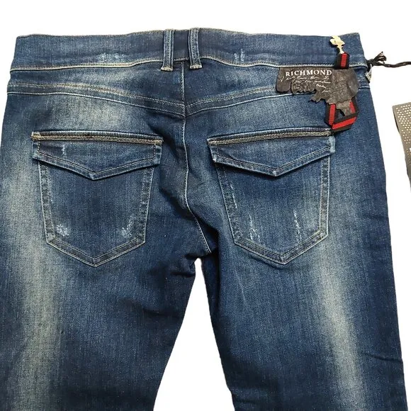 John Richmond Distressed Cropped Skinny Blue Washed Denim Jeans Sz 28 NWT